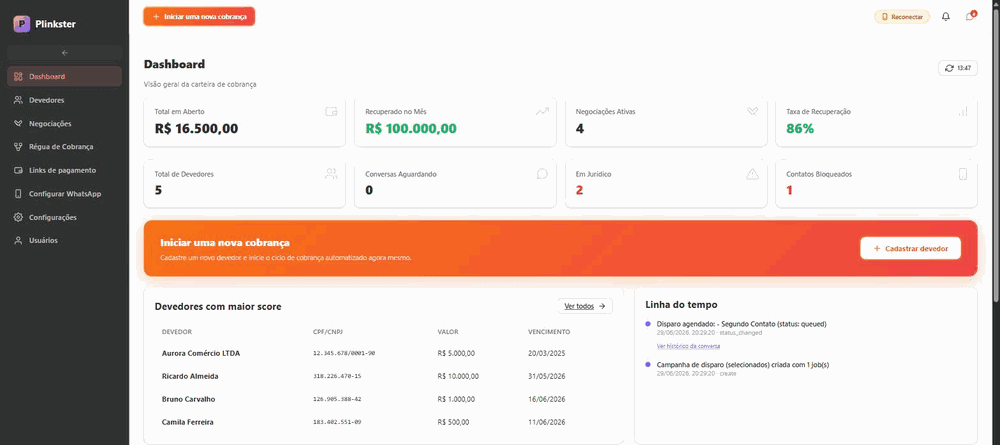 Gravação real do Dashboard do Plinkster