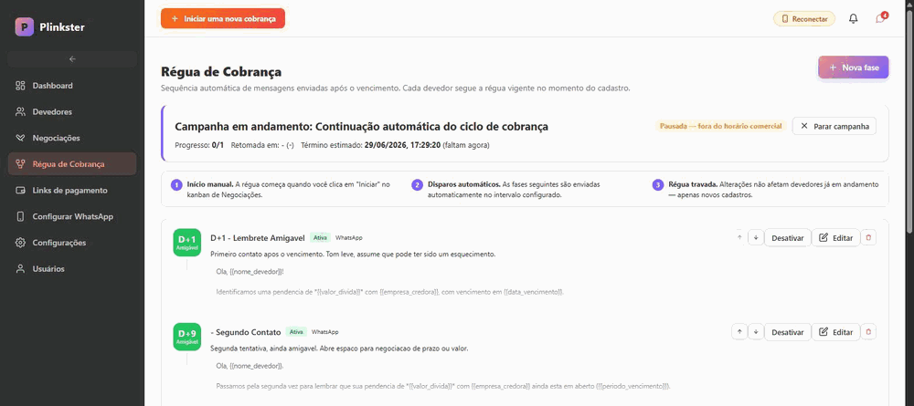 Gravação real da Régua de Cobrança no Plinkster